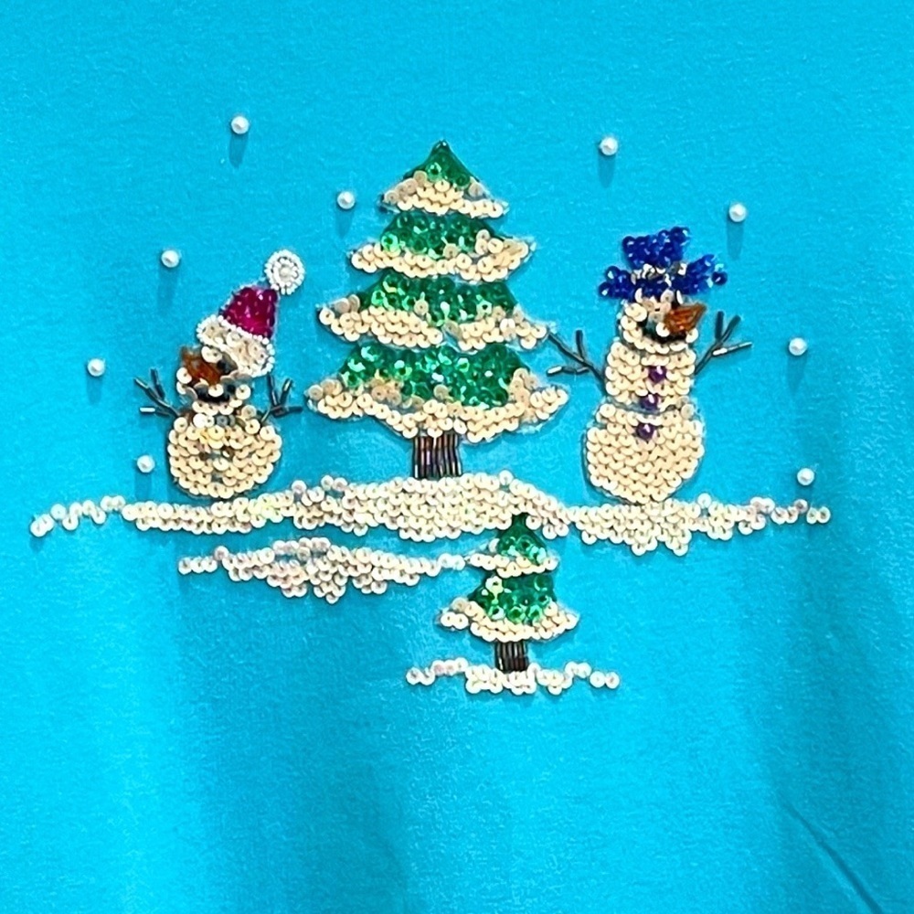 Beaded & Sequined Front & Back Snowman Turquoise Cotton Long Sleeve Tee Size Med - Picture 6 of 7